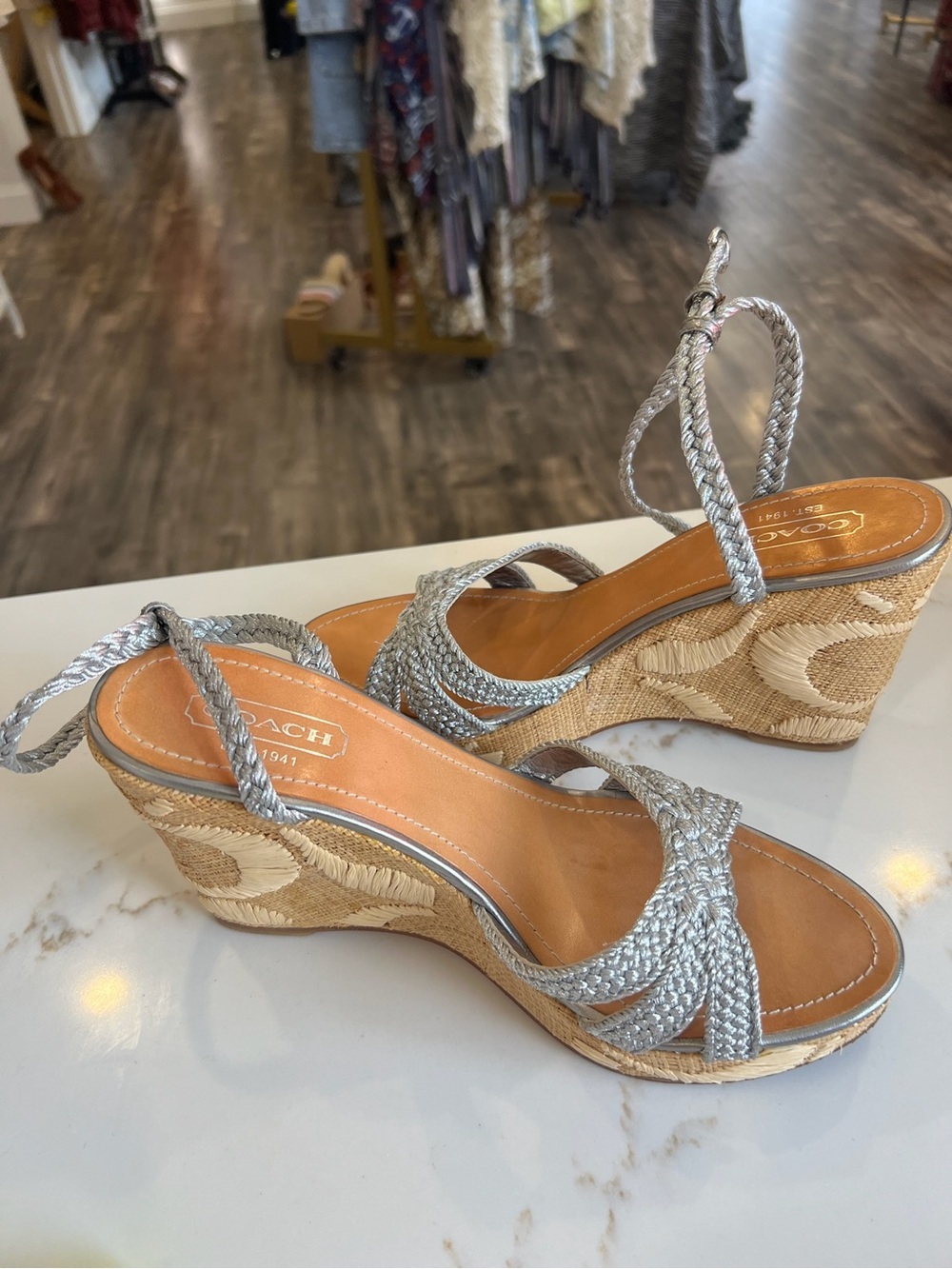 Coach Silver Braided Ankle-Wrap Wedge Sandals
